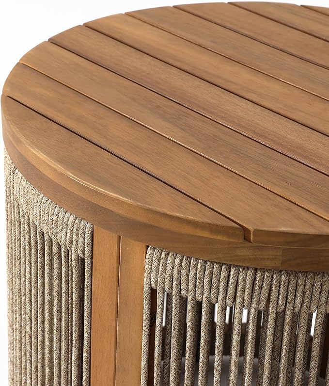 LuxenHome Outdoor Coffee Table, 17'' Tall Rope Modern Acacia Wood Outdoor Side Table for Patio, Garden Accent Round End Tables for Outside, Wooden Drum Table Indoor and Outdoor