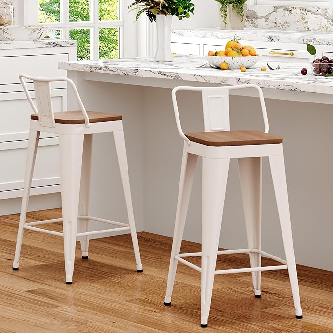 WENTMENT Metal Bar Stools Set of 2 Counter Height Barstools with Removable Back 26" Kitchen Bar Stools with Wooden Seat,Off White