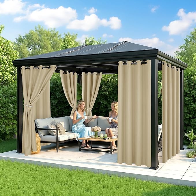 Extra Wide Outdoor Curtains Waterproof for Patio - 6 Panels Privacy Weatherproof Outside Curtains with Grommets for Gazebo, Pergola, Porch, Cabana, Balcony, 110 x 95 Inch, Cream