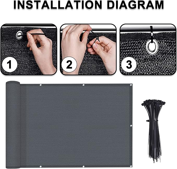 LOVE STORY 3'x10' Dark Grey Balcony Privacy Screen Fence Cover (HDPE) UV Protection Weather-Resistant 3 FT Height Shield for Deck, Patio, Backyard, Outdoor Pool, Porch, Railing