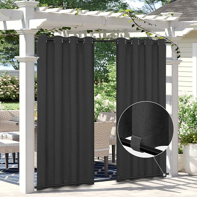 Easy-Going Linen Look Outdoor Curtains Waterproof Windproof Porch Curtains, Soft Thicken Outdoor Privacy Curtains for Patio, Gazebo, Grommet Top and Tab Bottom Drape, 1 Panel, 54x96 inch, Black