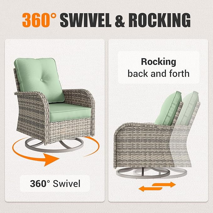 9-Piece Outdoor Patio Furniture Set with Rocking Swivel Chair Wicker Sectional Sofa Set, Patio Conversation Set with Thickened Cushions & Coffee Table for Garden, Backyard, Light Green