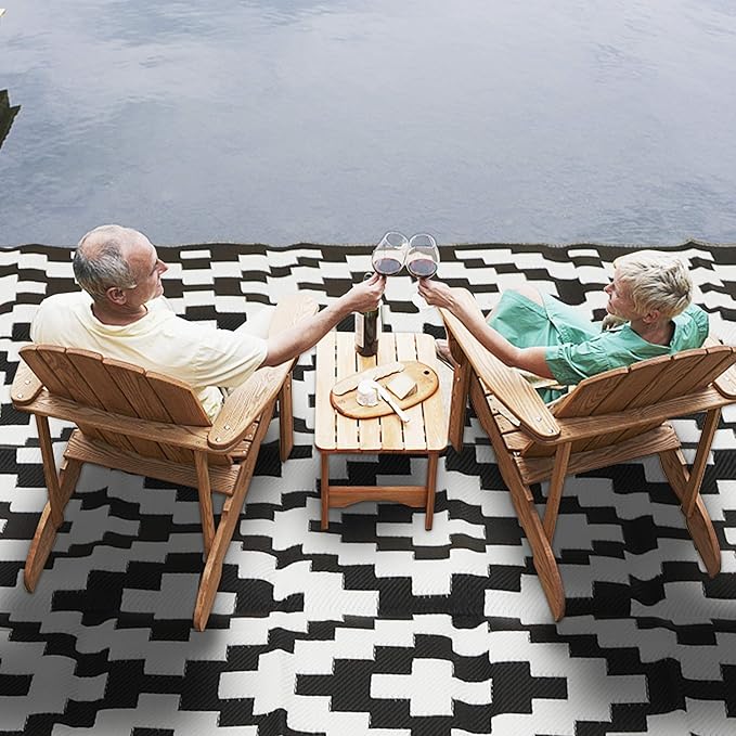 SAND MINE Waterproof Outdoor Rug 9x18 ft, Plastic Straw Rug, Modern Area Rug, Large Floor Mat, RV, Patio, Backyard, Deck, Picnic, Beach, Trailer, Camping (9' x 18', Black & White Lattice)