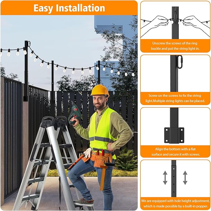 4 Pack String Light Poles,2.8 Ft Light Poles for Outside String Lights,Outdoor Lights Pole with Fork,Metal Poles Stand for Patio Deck Backyard