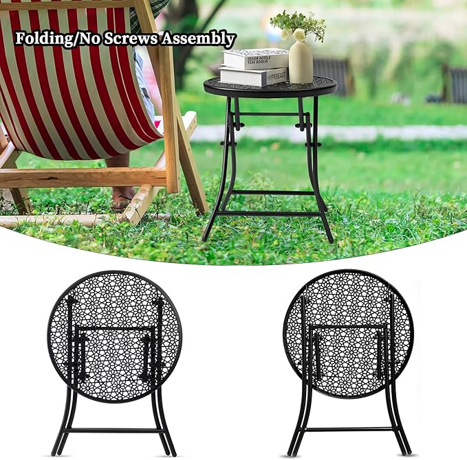 TeoKJ Folding Small Outdoor Side Tables, Anti Rust Small Patio Table Round Metal Nightstand with Flower Cutouts for Porch Yard Balcony Deck Lawn, Black