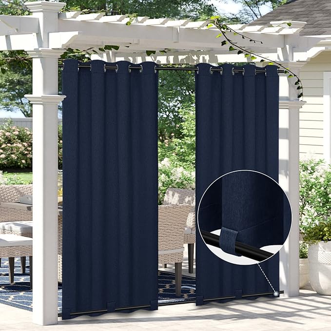 Easy-Going Linen Look Outdoor Curtains Waterproof Windproof Porch Curtains, Soft Thicken Outdoor Privacy Curtains for Patio, Gazebo, Grommet Top and Tab Bottom Drape, 1 Panel, 110x96 inch, Navy