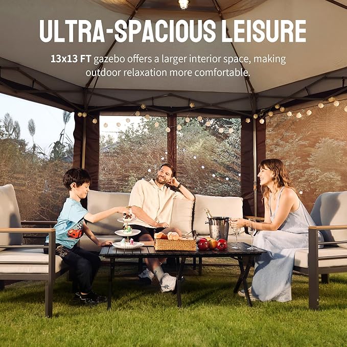 CROWN SHADES 13x13 Pop Up Gazebo with Mosquito Nettings, Patented Center Lock 6-Sided Portable Gazebo, 300D Silver-Coated Fabric UV Resistant, Pop Up Canopy Tent for Patio, Party, Beige&Coffee