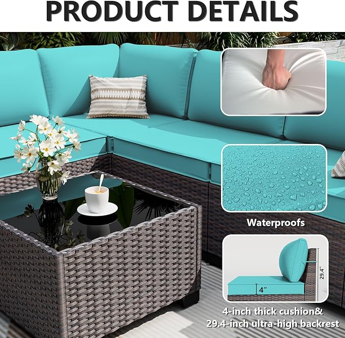 ALAULM 13 Pieces Outdoor Patio Furniture Set with Propane Fire Pit Table Outdoor Sectional Sofa Sets Patio Furniture 43" Gas Fire Pit Brown PE Rattan Patio Conversation Set w/10 Cushions (Lake Blue)