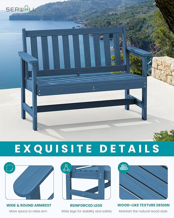 SERWALL HDPE Outdoor Benches Weatherproof, 2-Person Garden Bench with 660 lbs Weight Capacity, Patio Benches for Outdoors, Garden, Porch, Park, Navy, 2 Pack
