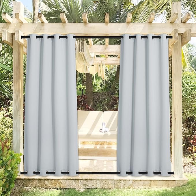 NICETOWN 2 Panels Outdoor Curtains Waterproof for Patio, Thermal Insulated Top & Bottom Grommet Light Blocking Outdoor Curtain Drapes, Windproof for All Seasons, W52 x L95, Greyish White