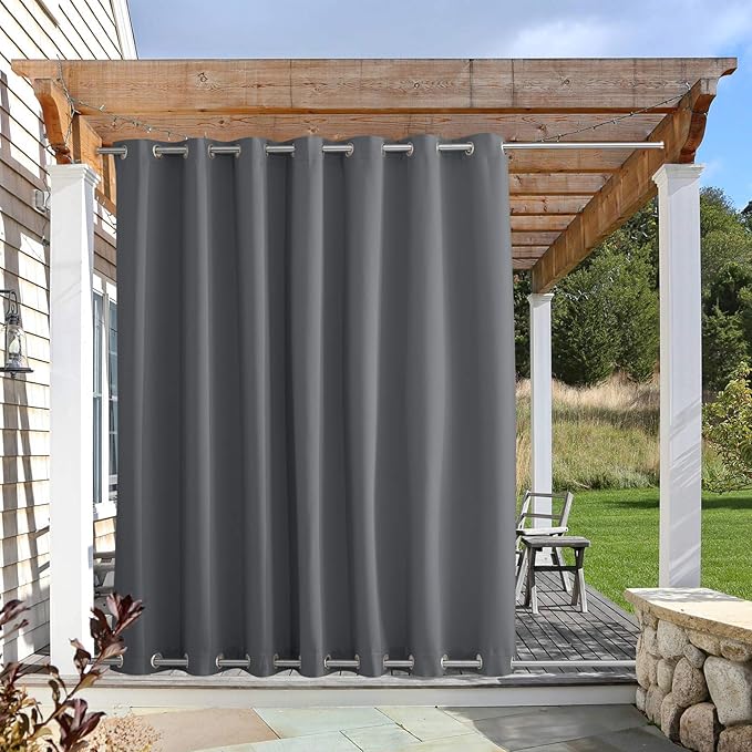 NICETOWN Outdoor Curtain for Patio Waterproof 108" Length, Windproof Thermal Insulated Rustproof Top and Bottom Grommet Fixed Blackout Outdoor Drape for Public Space/Wedding, Grey, 1 Panel, 100" W