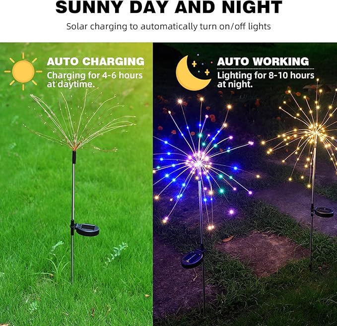 4 PCS Solar Firework Light, Outdoor Solar Garden Decorative Lights 120 LED Powered 40 Copper Wires String DIY Landscape Light for Walkway Pathway Backyard Christmas Decoration Parties (Warm White)