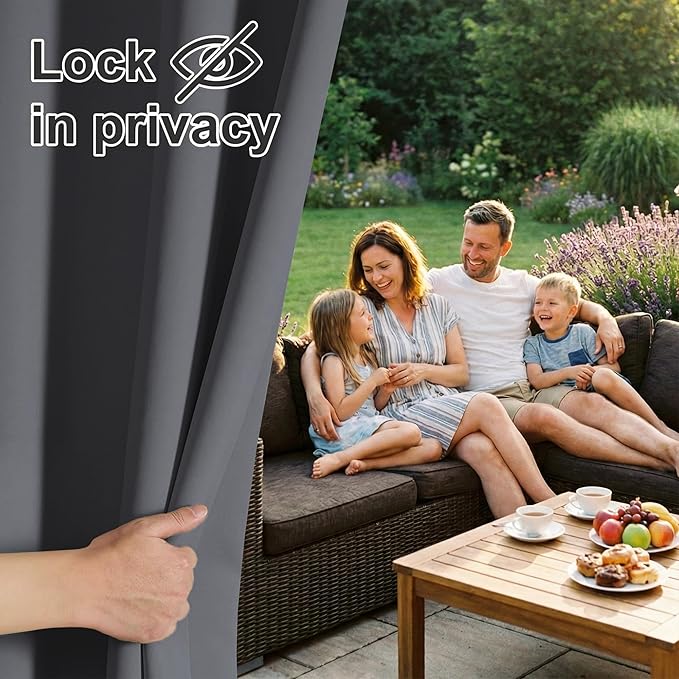 RYB HOME Outdoor Curtains for Patio Waterproof Block Sunlight Thermal Insulated Privacy Assured Thick Outside Curtains for Pergola, Deck, Gazebo, W52" x L90", Grey, 1 Panel
