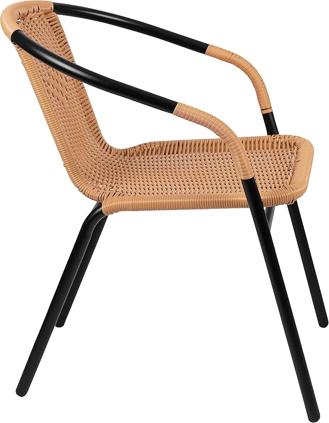 EMMA + OLIVER Set of 4 Modern Rattan Indoor/Outdoor Stack Chairs, Stacking Rattan Patio Chairs with Curved Back and Cross Bracing, Beige