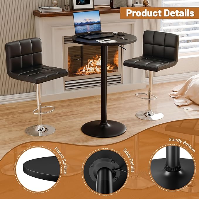 Flamaker Round Bistro Pub Table 23.6 Inch Height Adjustable 360° Swivel Bar Table Metal Base for Pub, Dining Room, Party (2, Full Black)