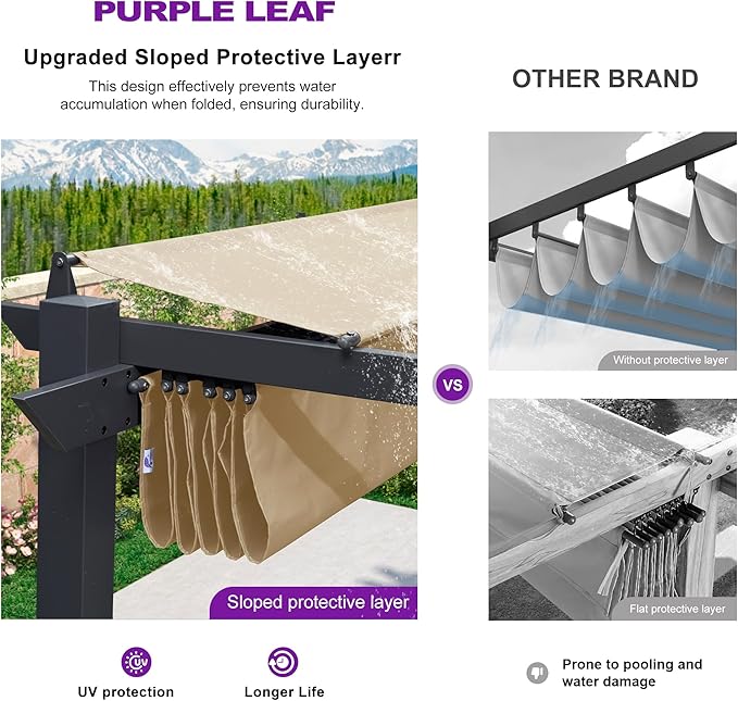 PURPLE LEAF 10' x 13' Aluminum Outdoor Pergola Modern Grape Trellis Retractable Pergola with Double Sun Shade Canopy Metal Pergola with Light for Patios Backyard Deck Garden, Khaki
