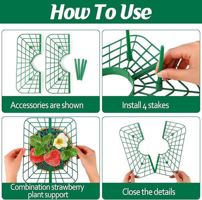 4 Sets Strawberry Plant Support with Mesh Plant Cover,Strawberry Growing Racks Sets with Iron Plant Nails and Storage Bag for Garden Strawberry Vegetables(Green Net - Square)