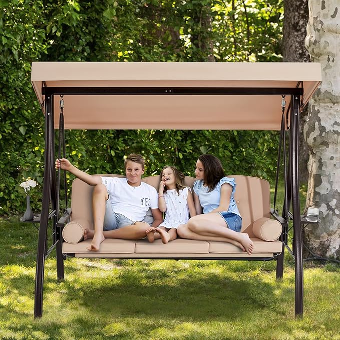 HOMREST 3 Person Outdoor Porch Swing with 1.5" Upgraded Cup Holder, Adjustable Canopy, Backrest, Patio Swing Bed with Weather Resistant Steel Frame, Cushions for Garden,Deck and Poolside(Khaki)