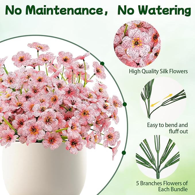 MACTING 24 Bundles Artificial Flowers for Outdoors Fake Flowers UV Resistant Faux Plastic Plants No Fade for Planters Window Box Patio Porch Garden Home Indoor Outdoor Spring Decorations,Pink