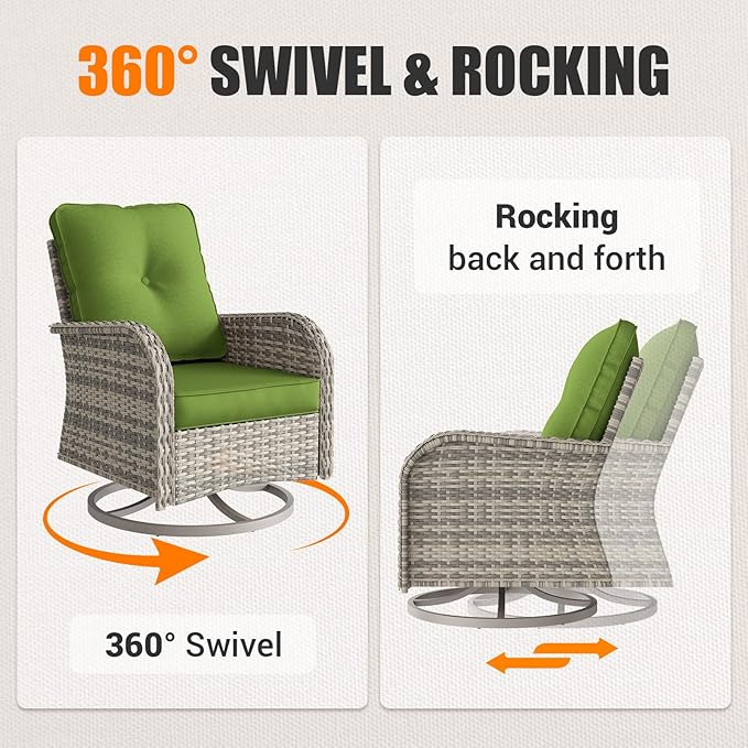 9-Piece Outdoor Patio Furniture Set with Rocking Swivel Chair Wicker Sectional Sofa Set, Patio Conversation Set with Thickened Cushions & Coffee Table for Garden, Backyard, Avocado Green
