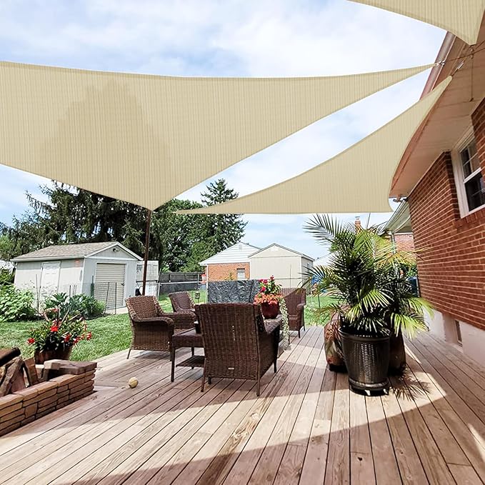 Patio Paradise 15' x 15' x 14'10" Sun Shade Sail Triangle Canopy, Permeable Shade Cloth Fabric Sunlight Block Patio Cover HDPE Deck Awning for Outdoor Backyard Pergolas Roof Shading, Beige