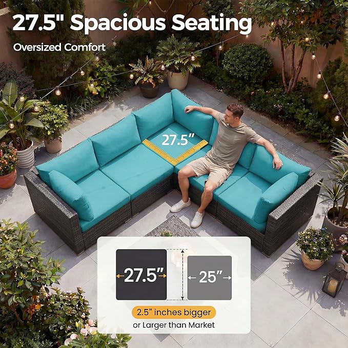 NICESOUL 7 Piece Large Modern Patio Furniture Set with Propane/Gas Firepit Table, 29.3'' High Back Comfy Wicker Sectional Sofa Couches with Fire Pit, Outdoor Deep Conversation, Fade-Proof, Turquoise