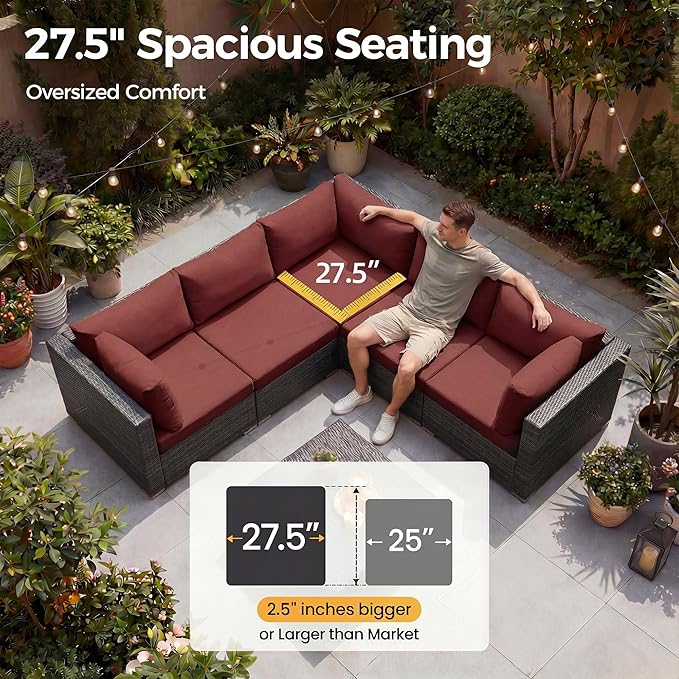 NICESOUL 11 Piece L Shape Patio Furniture Set, 29.3'' High Back Comfy Rattan Outdoor Conversations, Big Size Deep Seated Contemporary Sectionals for Backyard Deck Porch, 2 Color Cushion Red & Gray