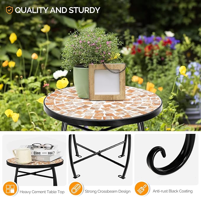VINGLI Mosaic Outdoor Side Table, 14" Round End Table, Accent Table, Plant Stand Ideal for Pool Side, Porch, Patio, Deck or Sofa Side, Glass Top Black Iron, Golden Backyard