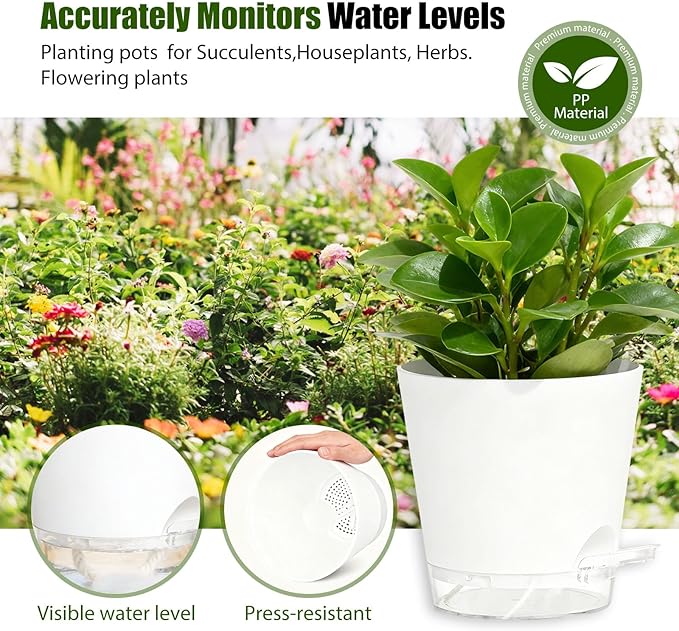 Plant Pots 4 Inch Self Watering Pots,6 Pack Plastic Planters with Drainage Holes and Clear Saucers,Plastic Flower Pots,Nursery Planting Pot for Indoor Out Door Plants (White)