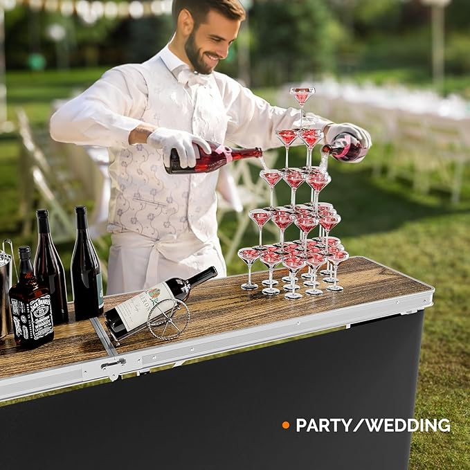 VINGLI 78" Portable Bar Table, 2-Tier Shelves, Mobile Bar Table for Events, Party, Camping, Picnic, Tradeshow, Indoor with Black Skirt