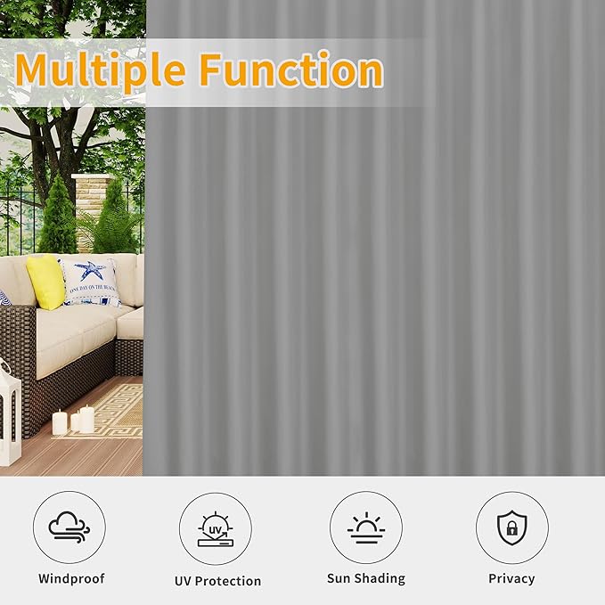 Easy-Going Outdoor Patio Curtains Detachable Tab Top Windproof Weatherproof Curtain for Cabana, Porch, Pergola and Gazebo, Tab Bottom Drape, 2 Panels, 54W x 108L inch, Light Grey
