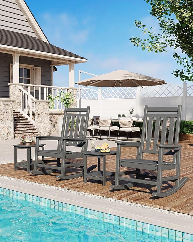 HDPE Rocking Chair Outdoor- Poly High Back Porch Rocker Chairs for Adults - All Weather Resistant Furniture for Patio Front Porch - Gray