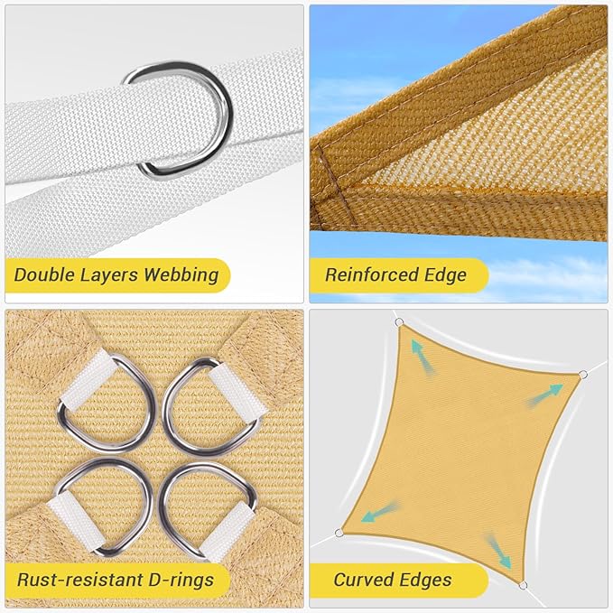 HappyTrends Sun Shade Sail,Heavy Duty UV Protection Beach Shade Canopy Wind sail,Tear and Rust Resistant Patio sail Shade for Yard Deck Lawn Garden Rectangle Sunshade(12'x 16',Sand)