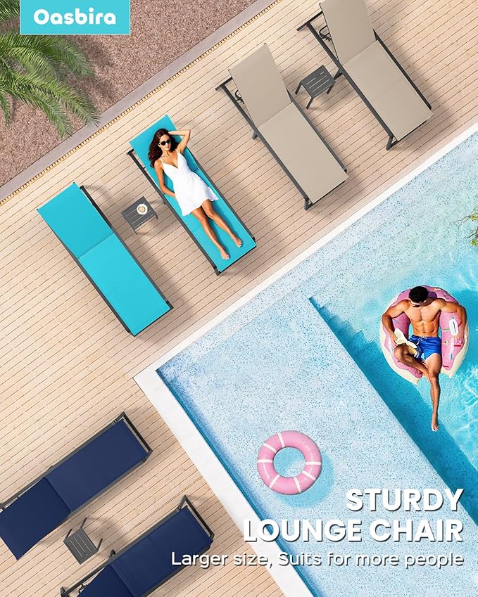Aluminum Chaise Lounge Outdoor Set of 2, Foldable & No Assembly Patio Pool Lounge Chairs 5-Position Recliner for Outside Poolside, Fully Grounded Legs Sun Lounger for Pool, Beach, Yard, Khaki