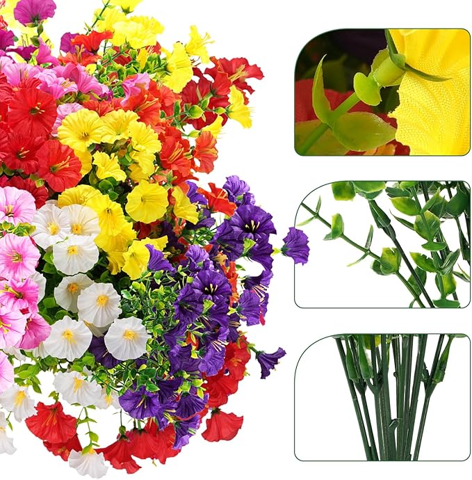 Artificial Flowers for Outdoors, UV Resistant Fake Silk Morning Glory, Realistic Faux Plants for Outside Porch Patio Window Box Hanging Planter (16, Hot Pink)