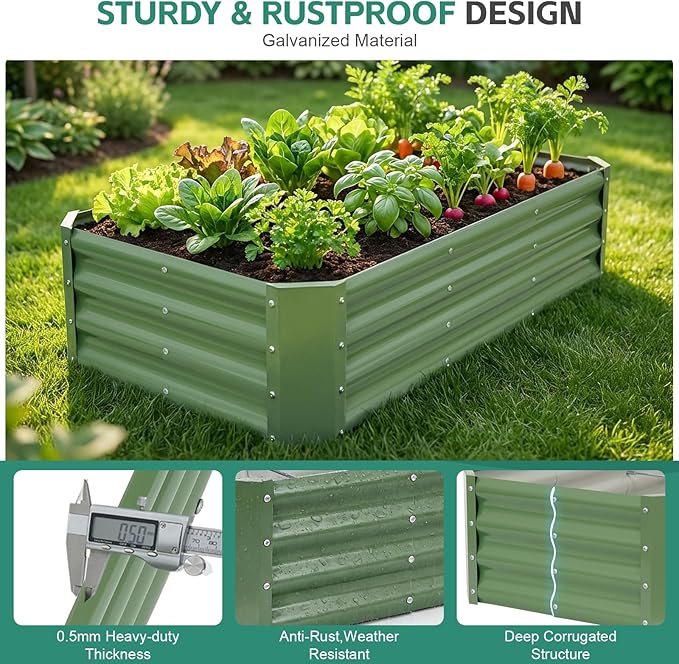 Galvanized Raised Garden Bed - 4x2x1ft Metal Garden Planter Box Outdoor | Steel Raised Bed Kit with Bracing Rods, Gloves for Gardening Vegetables Fruits and Flowers (Oliver Green)
