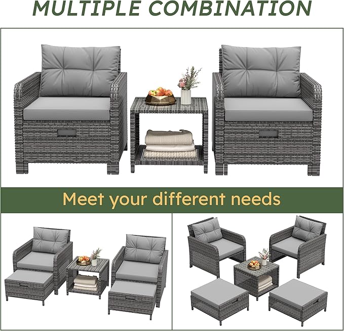 LHBcraft Outdoor Furniture 5 Piece Patio Conversation Set, PE Rattan Patio Set with Soft Cushions & Coffee Table, Outside Furniture with Hidden Ottoman for Porch, Lawn, Garden, Balcony, Grey
