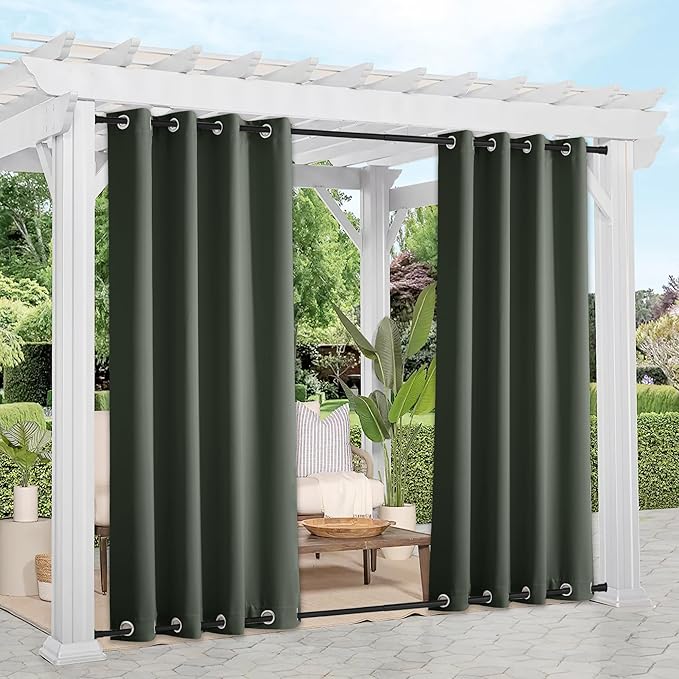 NICETOWN 2 Panels Greyish Green Blackout Bottom Weighted Outdoor Curtains for Patio, Top and Bottom Rustproof Grommet Windproof & Waterproof Thermal Outdoor Gazebo Curtains, W52 x L84