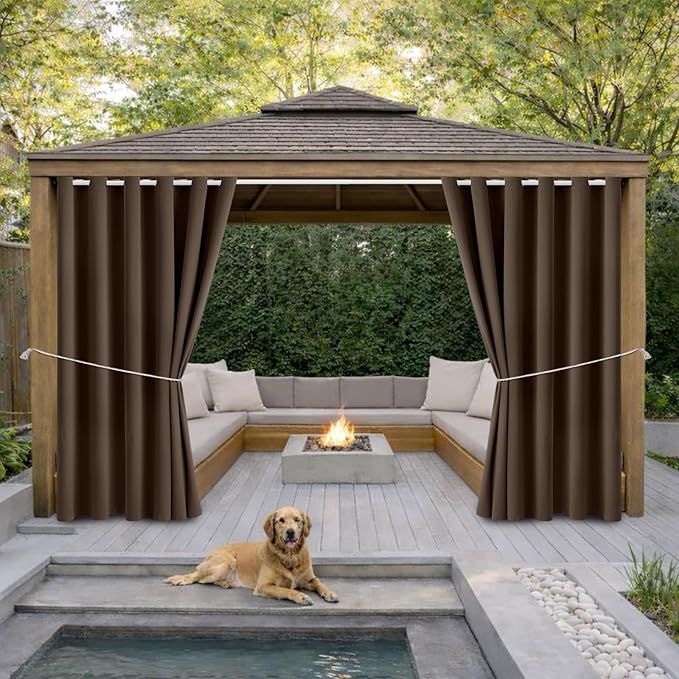 Water Proof Outside Curtains with Grommet Top for Porch, Thermal Insulated Washable Light Block Outdoor Divider Drapes for Patio Gazebo Deck Pool Area Pergola Cabana (W84 x L120, Brown, 2 Panels)
