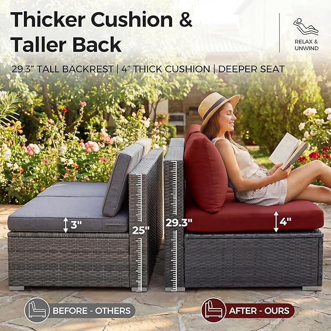 NICESOUL Backyard Furniture Set with Firepits Natural Gas/Propane, 9 Seater XL Oversized Wicker Sectional Couches, 29.3'' High Back Comfy Deep Wide Outdoor Patio Sofa Set, 2 Color Cushion Red & Gray