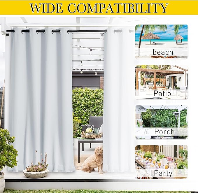 NICETOWN 2 Panels Outdoor Curtains Waterproof for Patio, Thermal Insulated Top & Bottom Grommet & Back Tab Light Blocking Outdoor Drapes, Windproof with Bouns Rope, W52 x L95, Greyish White