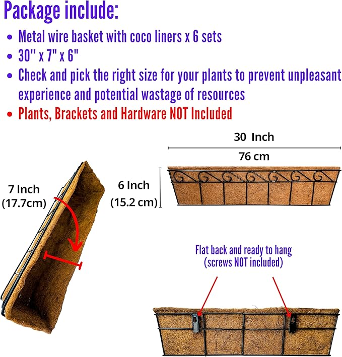 LaLaGreen Wall Mounted Planters - 30 Inch, 6 Pack Black Window Flower Boxes Basket Outdoor, Balcony Planter Over The Rail, Deck Railing Hanging with Coco Liners, Metal Horse Troughs Fence Patio Porch