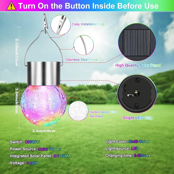 12Pack Outdoor Hanging Solar Lights - Cracked Glass Solar Lights Waterproof LED Decorative Ball Lights Tree Solar Powered Globe Lights with Hook for Garden Yard Fence Christmas Decoration, Multicolor
