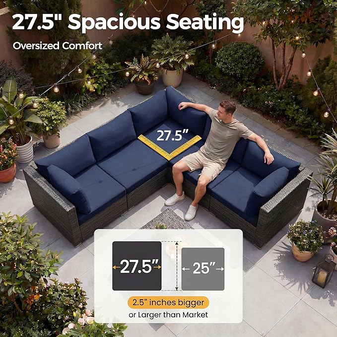 NICESOUL 11 Piece High-End Outdoor Furniture Set, 29.3'' High Back XL Big Size Wicker Patio Sectional, Wide Deep Comfy Conversation Sofas for Garden Deck Backyard Porch, 2 Color Cushion Navy & Grey