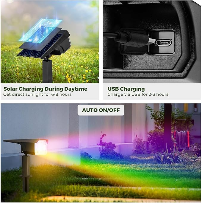 Kingsyard Solar Lights Outdoor Waterproof IP68, 47 LEDs 3 Lighting Modes USB & Solar Powered Garden Yard Pathway Spot Lights for Outside Landscape, Auto On/Off, 2 Pack(Cool White)