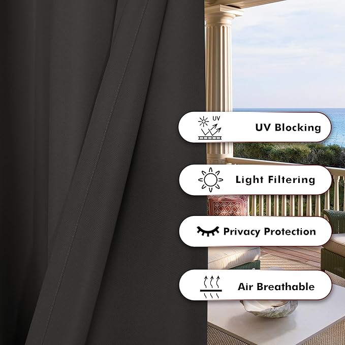 BONZER Outdoor Waterproof Curtains for Patio Privacy Grommet Light Filtering Outside Curtains for Gazebo, Porch, Pergola, Pavilion, 1 Panel, 54W x 84L inch, Charcoal