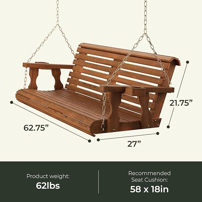 Amish Casual 5 Foot Roll Back Porch Swing with Cup Holders in Dark Walnut Stain - Amish Made in The USA from Treated Pine Heavy Duty 700 Lb. Weight Capacity