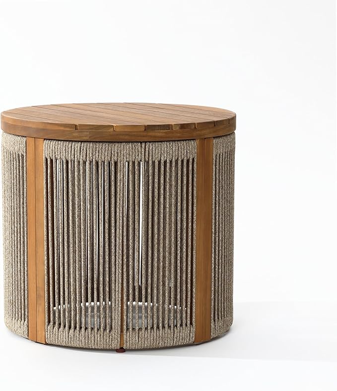 LuxenHome Outdoor Coffee Table, 17'' Tall Rope Modern Acacia Wood Outdoor Side Table for Patio, Garden Accent Round End Tables for Outside, Wooden Drum Table Indoor and Outdoor