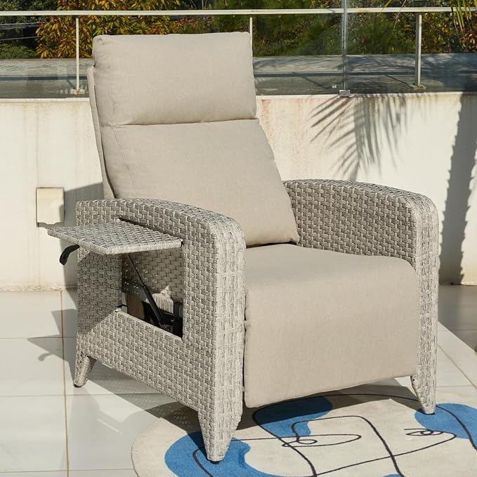 Upgraded Outdoor Recliner Chair, Reclining Patio Chairs with Adjustable Back up to 150°Lay Flat and Extended Footrest, Wicker Recliner Chairs with Flip Table and Removable Olefin Cushion