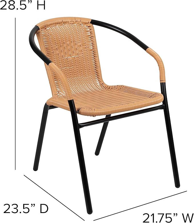 EMMA + OLIVER Set of 4 Modern Rattan Indoor/Outdoor Stack Chairs, Stacking Rattan Patio Chairs with Curved Back and Cross Bracing, Beige